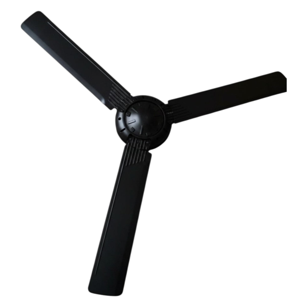A three-blade ceiling fan with a matte black finish, shown against a plain white background.