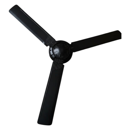 A three-blade ceiling fan with a matte black finish, shown against a plain white background.