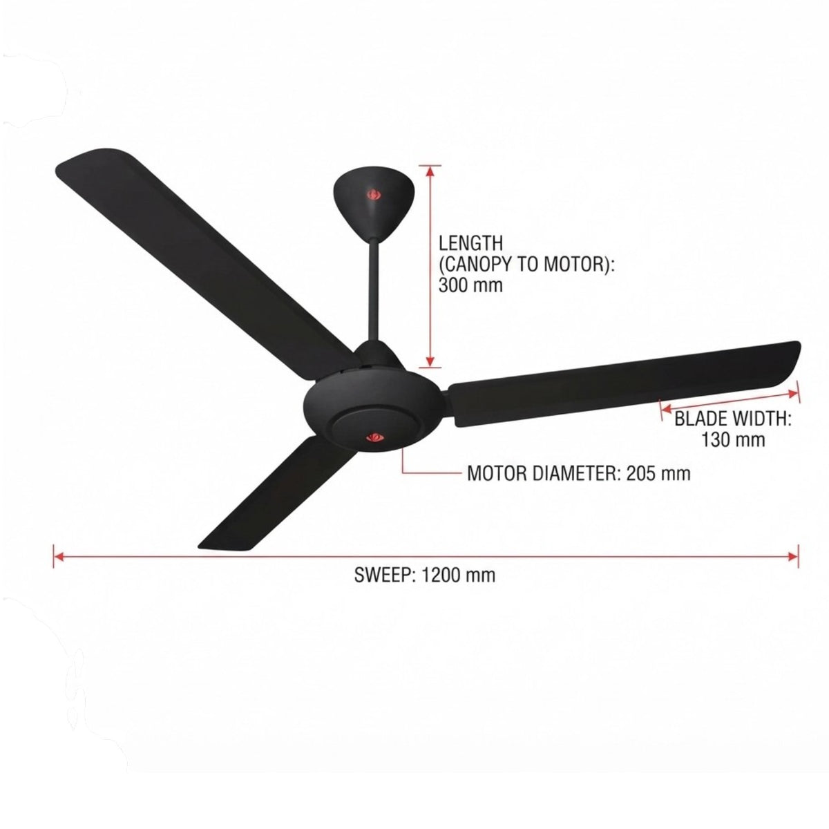 Black three-blade ceiling fan with dimension annotations showing length, blade width, motor diameter, and sweep size on a white background.