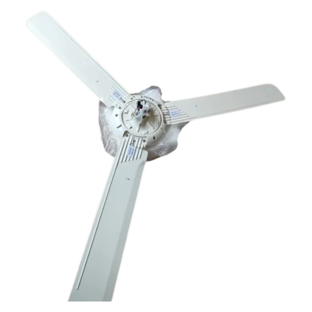 A three-blade ceiling fan with a white painted metal body, shown against a plain white background.