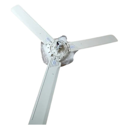 A three-blade ceiling fan with a white painted metal body, shown against a plain white background.
