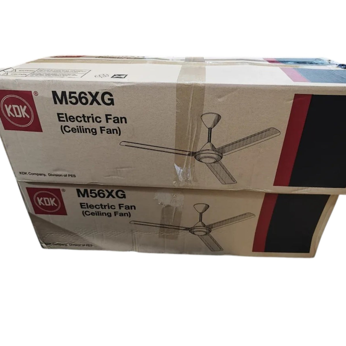 Two stacked cardboard boxes of KOK M56XG Electric Fan (Ceiling Fan) on a plain white background.