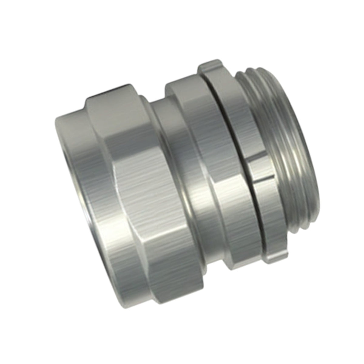A metallic silver metal pipe connector with a hexagonal body and threaded end, shown on a plain white background.