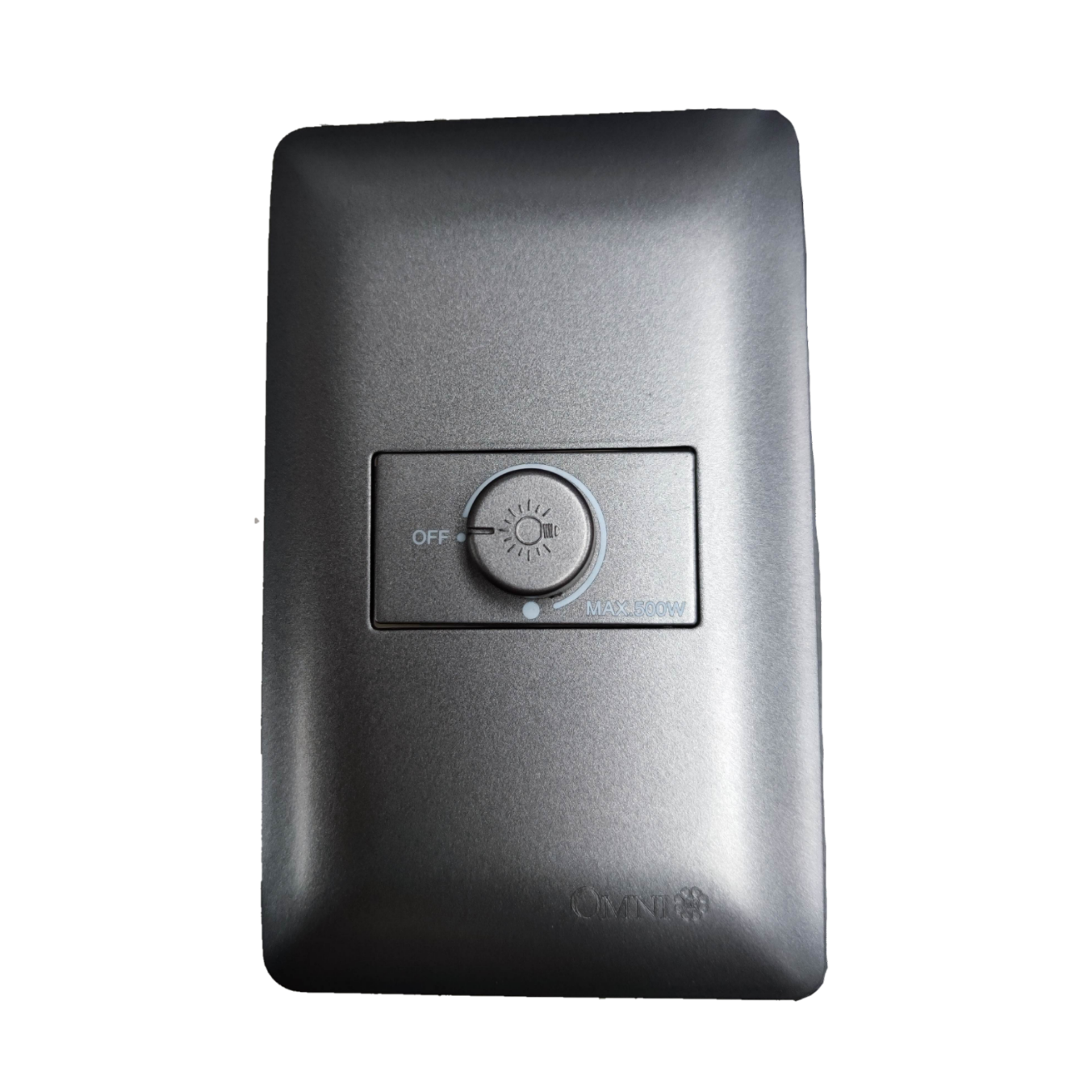 Omni 1 Gang 500W Dimmer Switch 220V in sleek silver design with adjustable knob for customized lighting