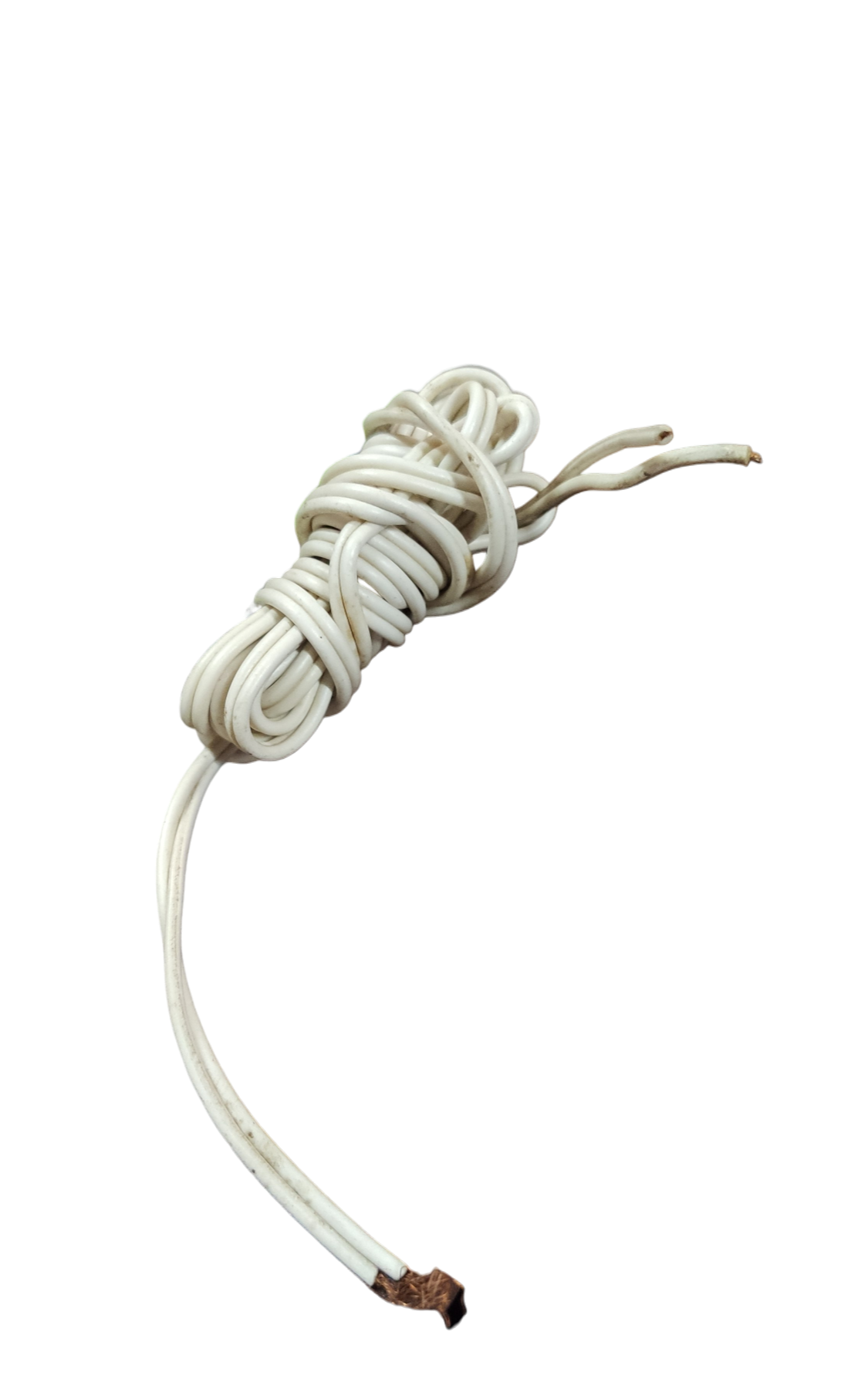 White 1.5 meter pre cut electrical wire with stripped ends coiled on black background