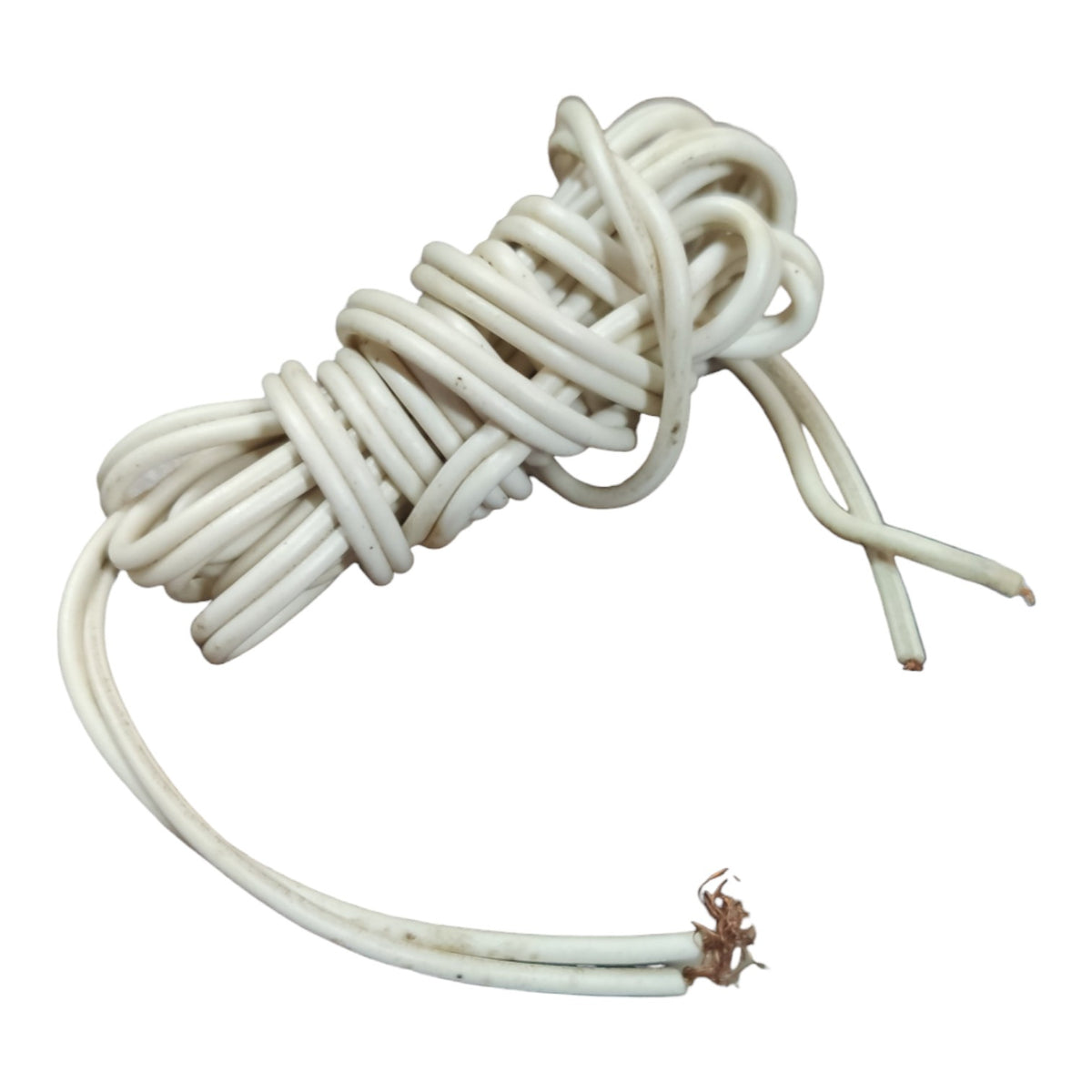 A coiled bundle of off-white or cream-colored electrical wire with bare copper-colored ends, isolated on a white background.