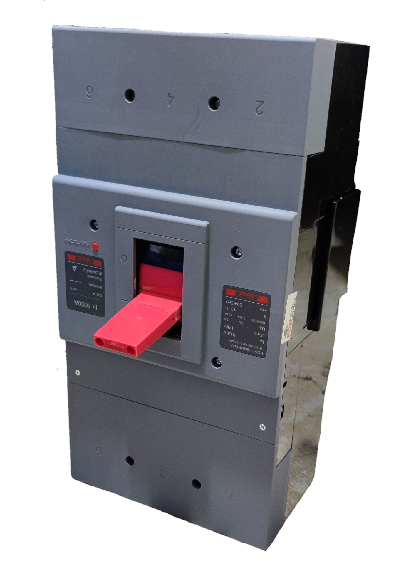 Himel 1000A Industrial Circuit Breaker 3 Pole with red switch handle and gray casing