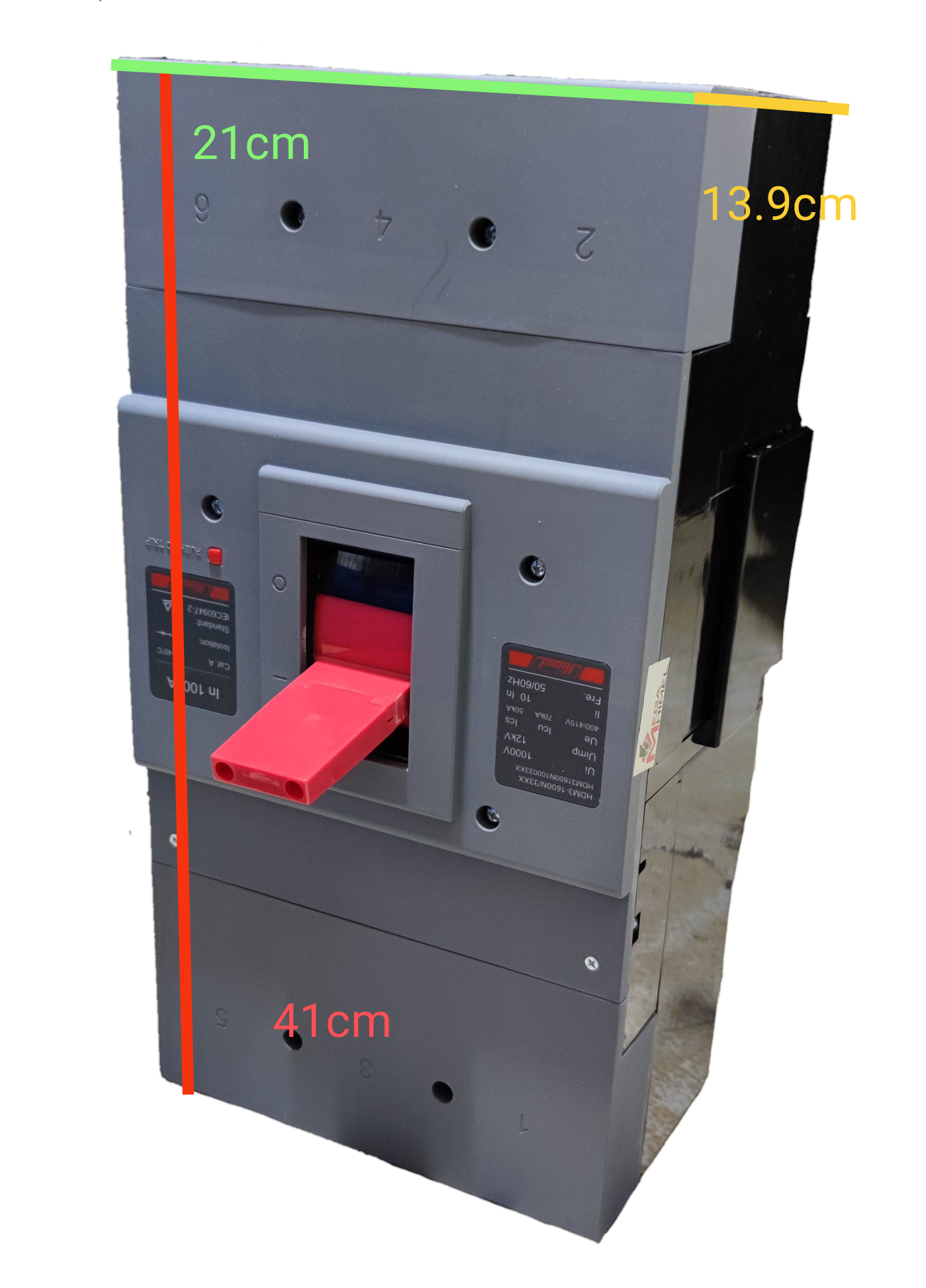 Himel 1000A Industrial Circuit Breaker 3 Pole in gray with red switch handle and detailed labels