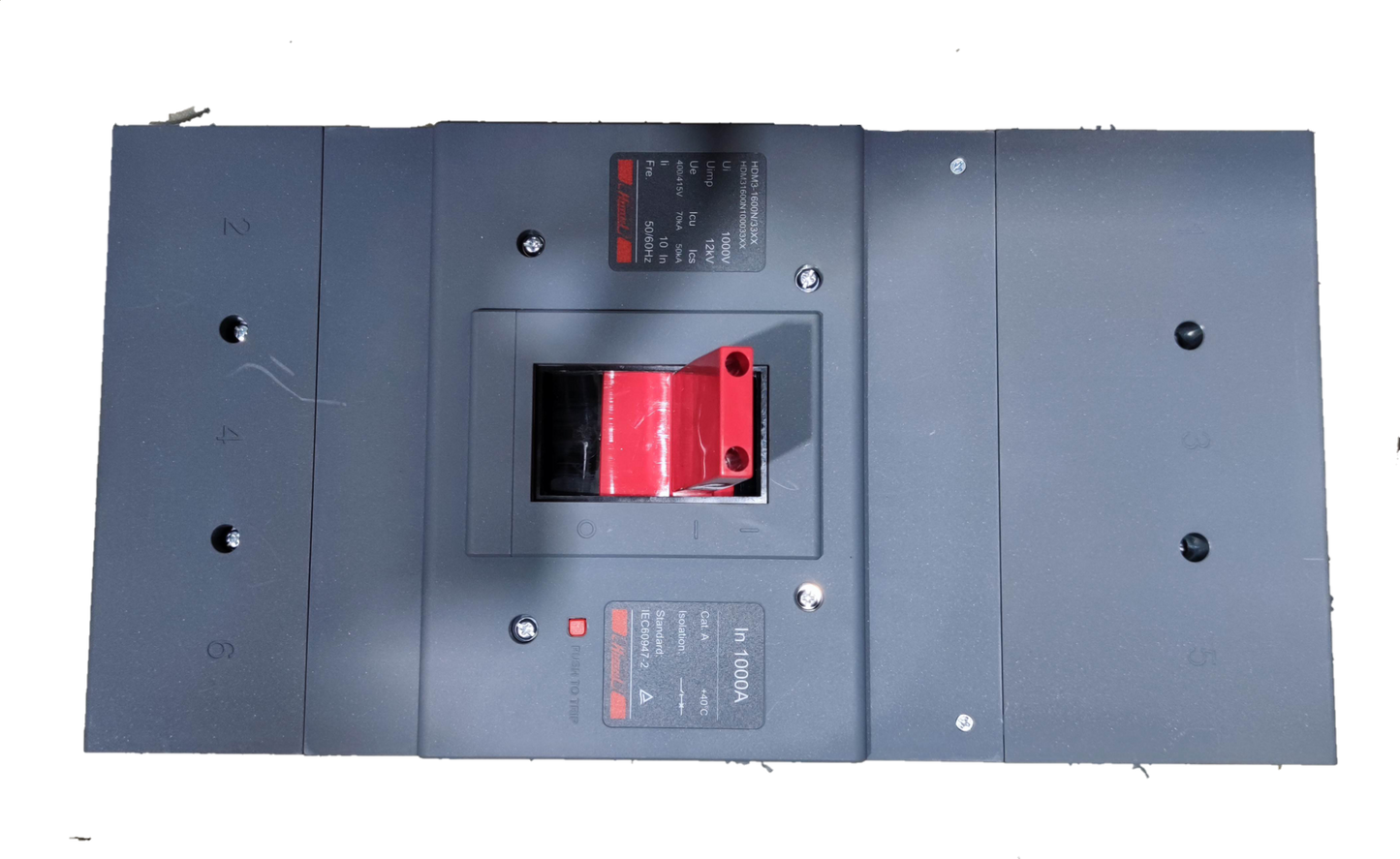 Himel 1000A Industrial Circuit Breaker 3 Pole with red switch and gray casing for electrical protection