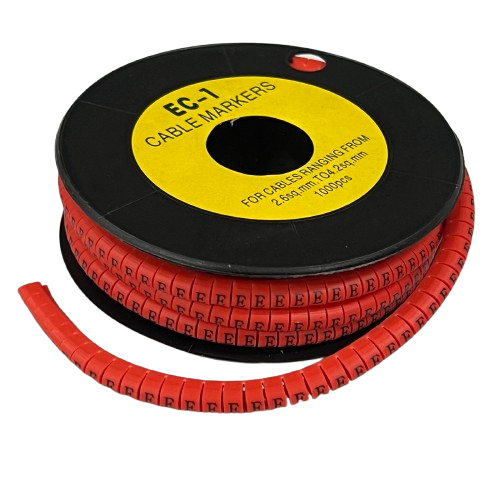 Grippes 1000pcs Cable Marker Red - E on a spool, ideal for organizing cables from 0.5mm to 4.0mm