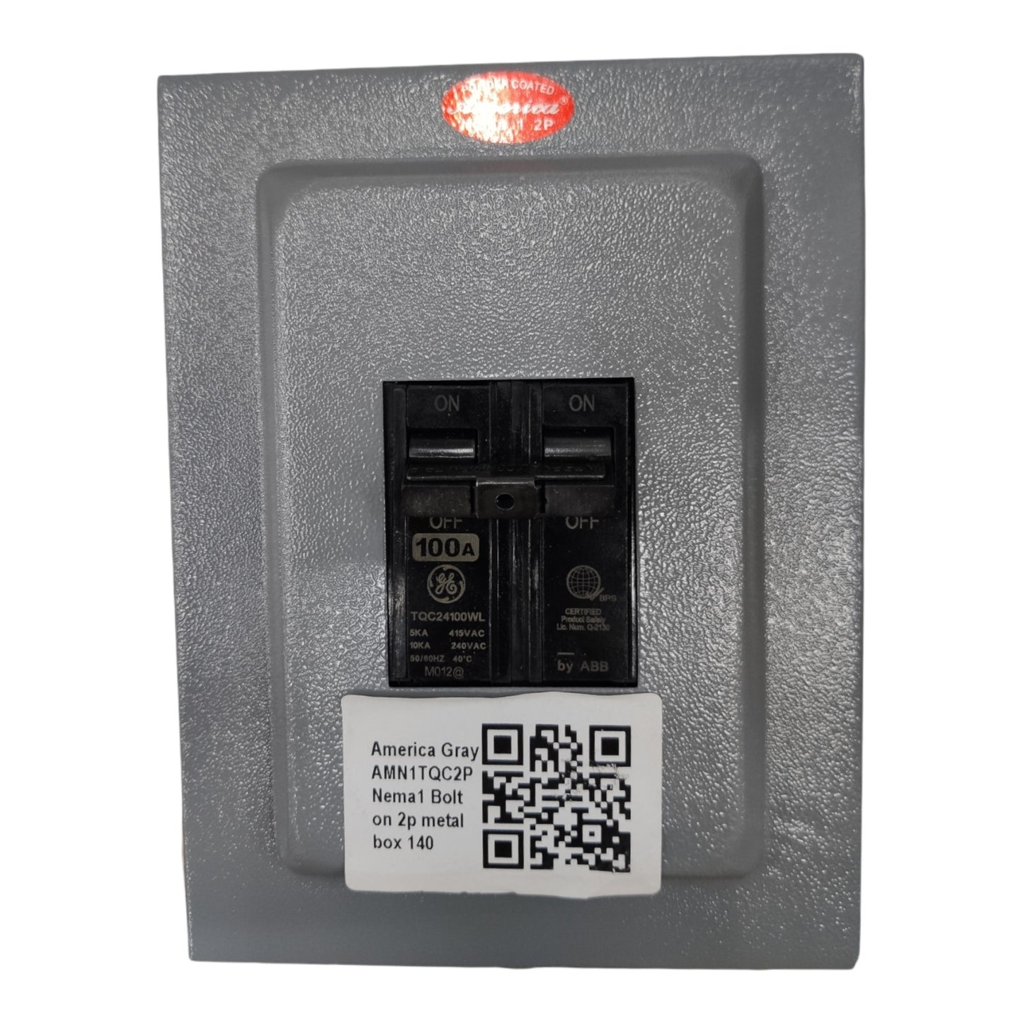 Electrical panel with a QR code label on a white background 100A 2pole GE or ABB Circuit breaker Bolt on 2Pole with Nema 1 Enclosure Amereica Electx ELectrical Supply