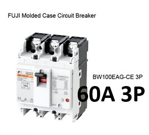 Fuji MCCB Molded Case Circuit Breaker BW100EAG-CE 60A 3Pole 25kAIC@230VAC, 10kAIC@380/440VAC, 7kAIC@500VAC Dimension (mm )75(W)x 100(H)x 60(D)