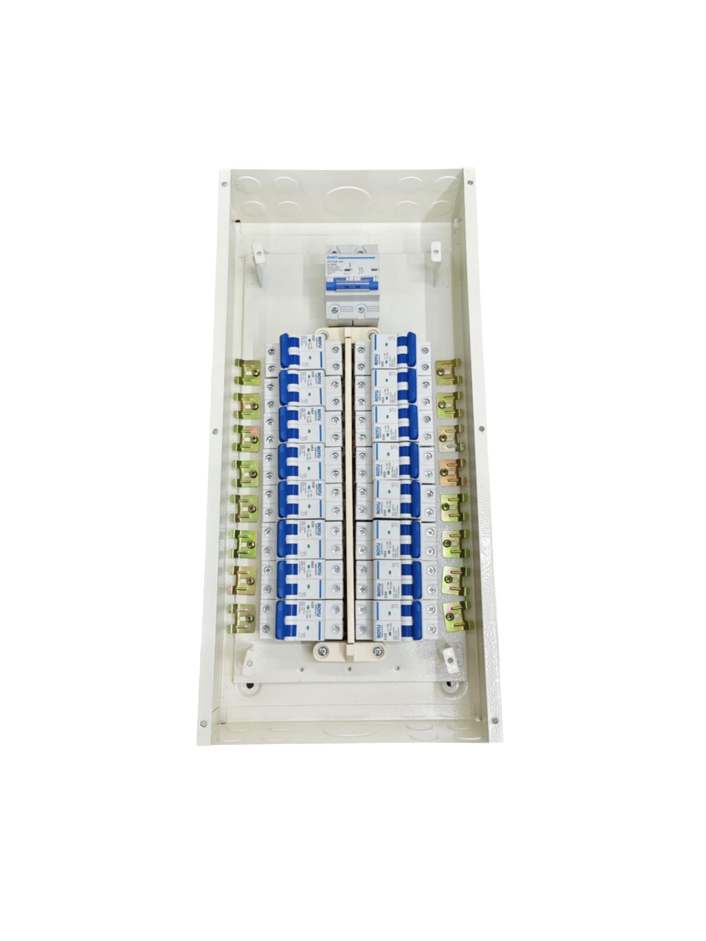 100A 2 pole panel board electrical circuitry part with multiple circuit breakers inside white casing
