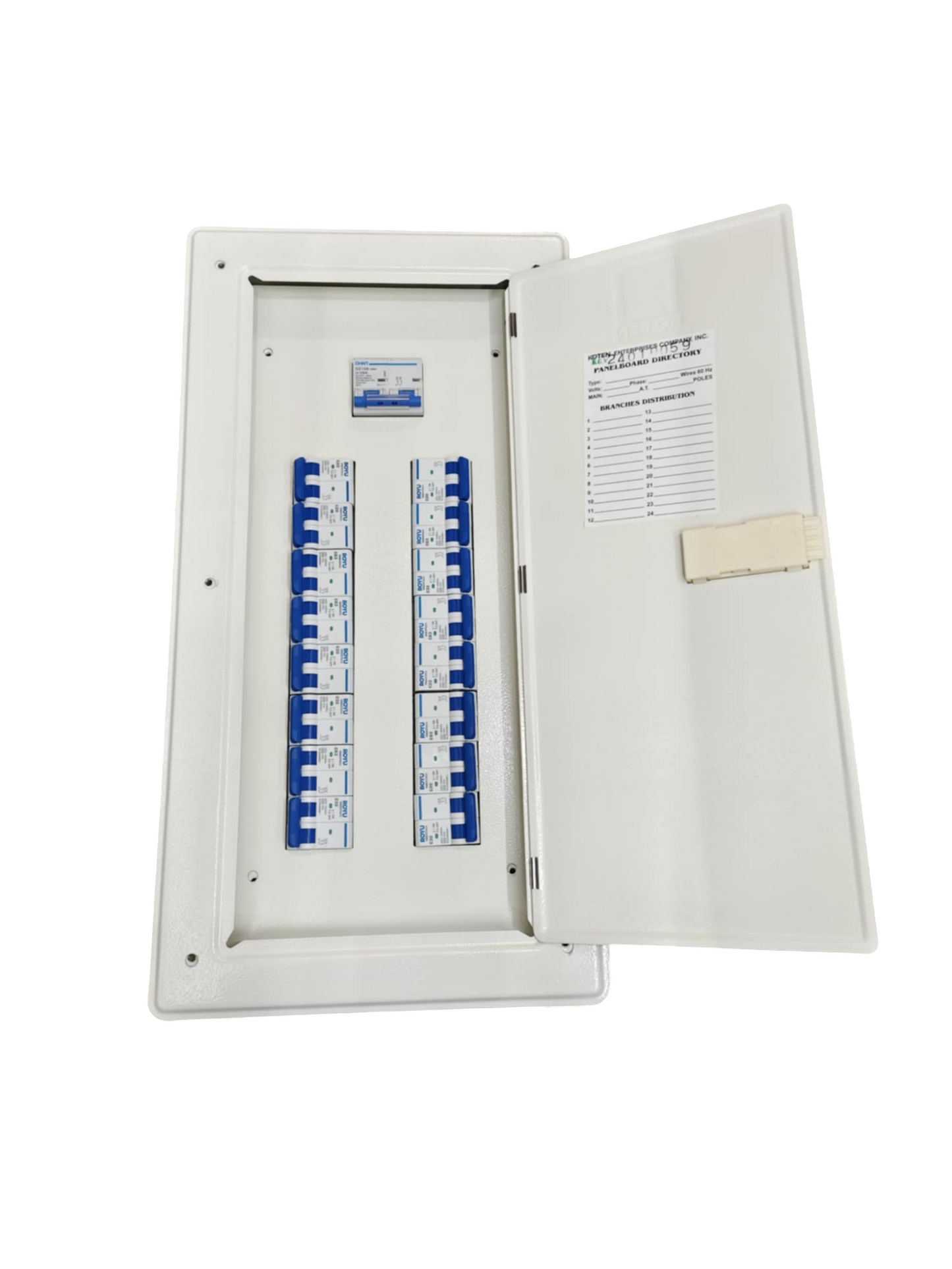 100A 2 pole panel board with circuit breakers inside a white enclosure door open