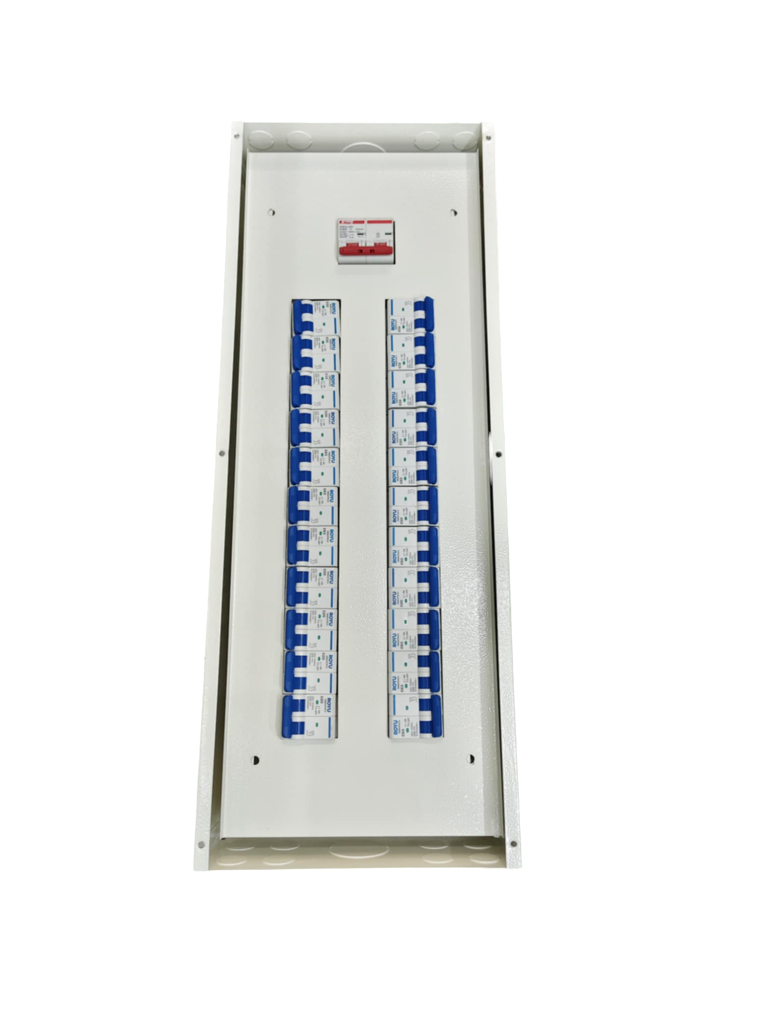 Royu Himel 100A panel board 2 pole with multiple circuit breakers in white metal enclosure