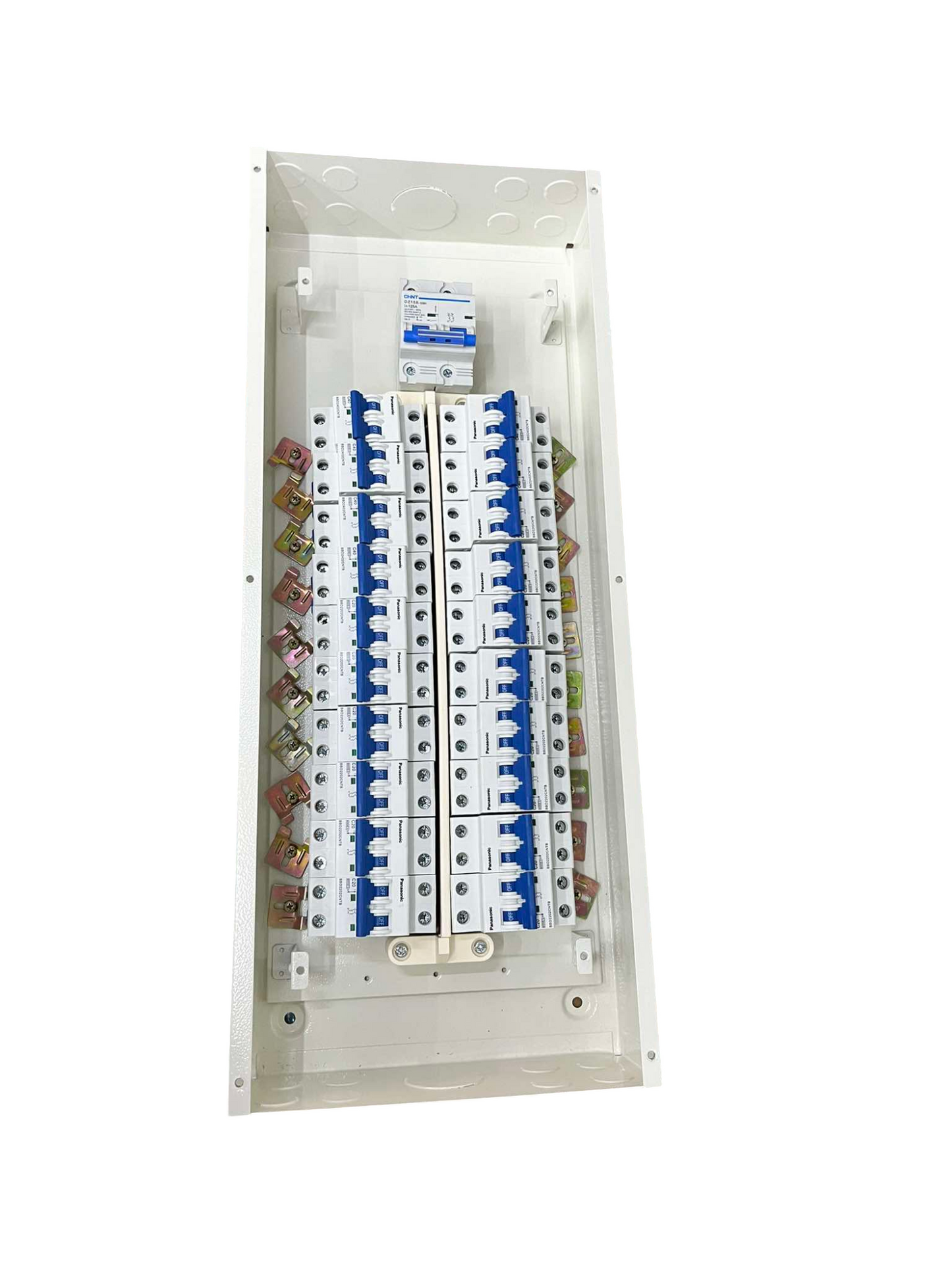 Chint 100A panel board with main breaker and multiple circuit protection devices installed