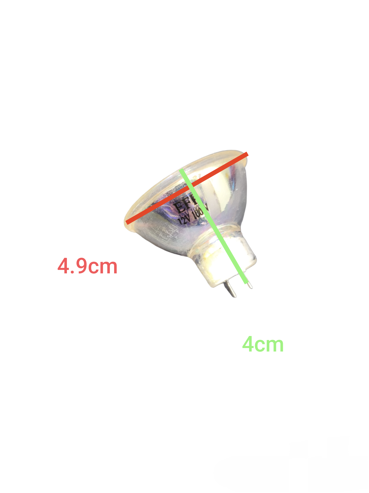 Stanley 100W 12V MR16 Dichroic Halogen Bulb with clear glass and two-pin base showing measurements
