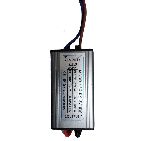 A silver metal LED driver power supply with a white label, featuring blue and red wires at the top and red/black terminals at the bottom, shown on a white background.