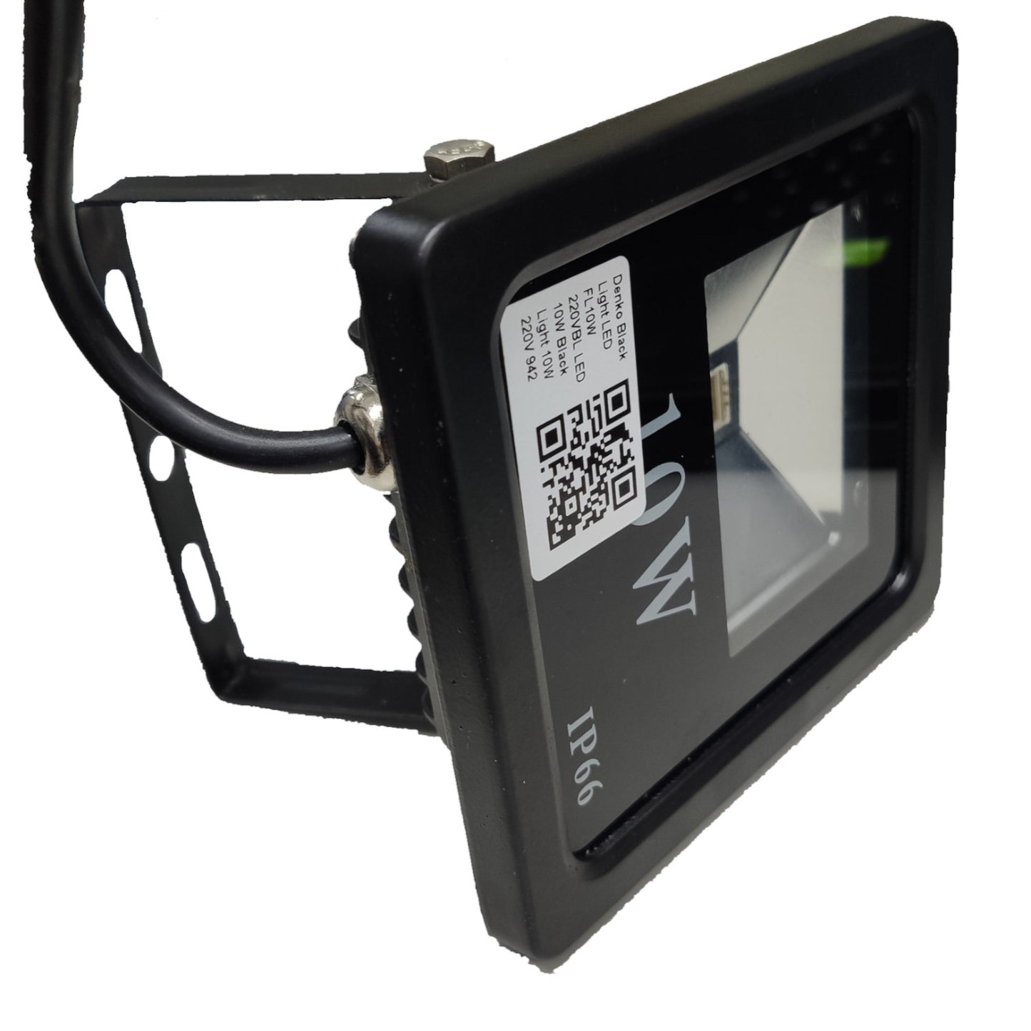 Black LED flood light with QR code label on a white background