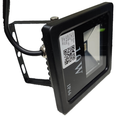 Black LED flood light with QR code label on a white background
