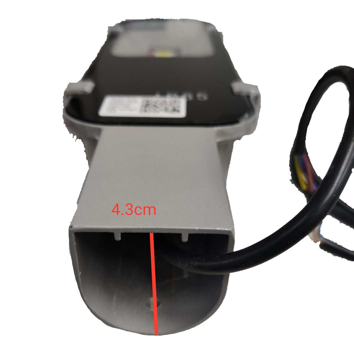 Mechanical component with a black cable and measurement label on a white background