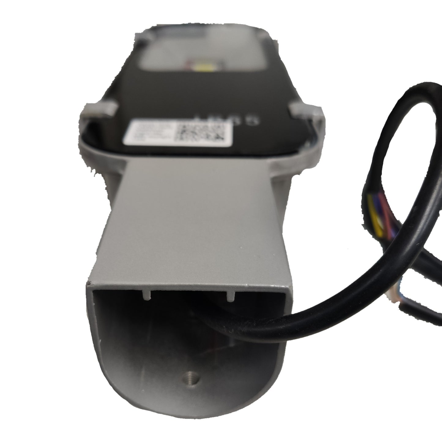 Mechanical component with a black cable on a white background
