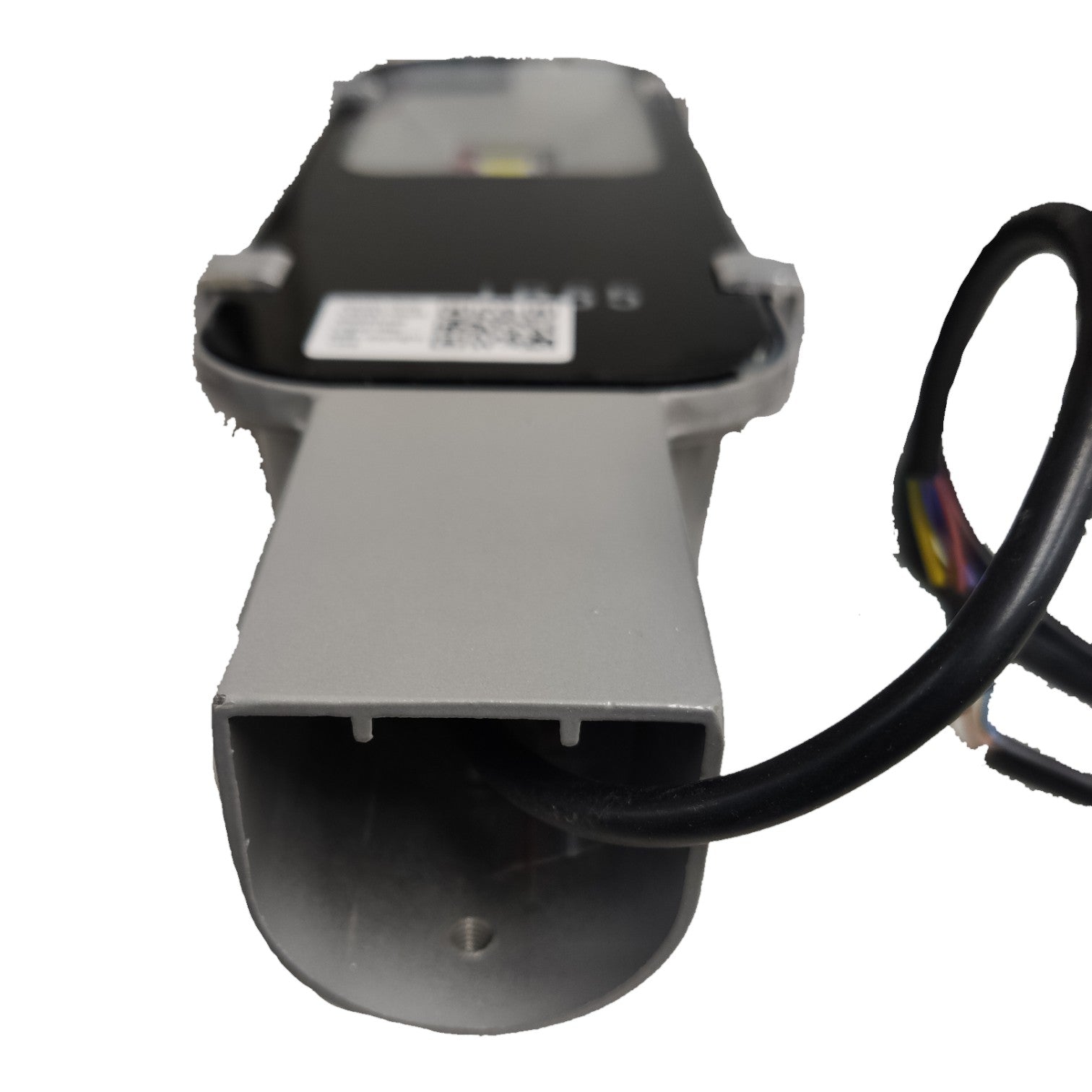 Mechanical component with a black cable on a white background