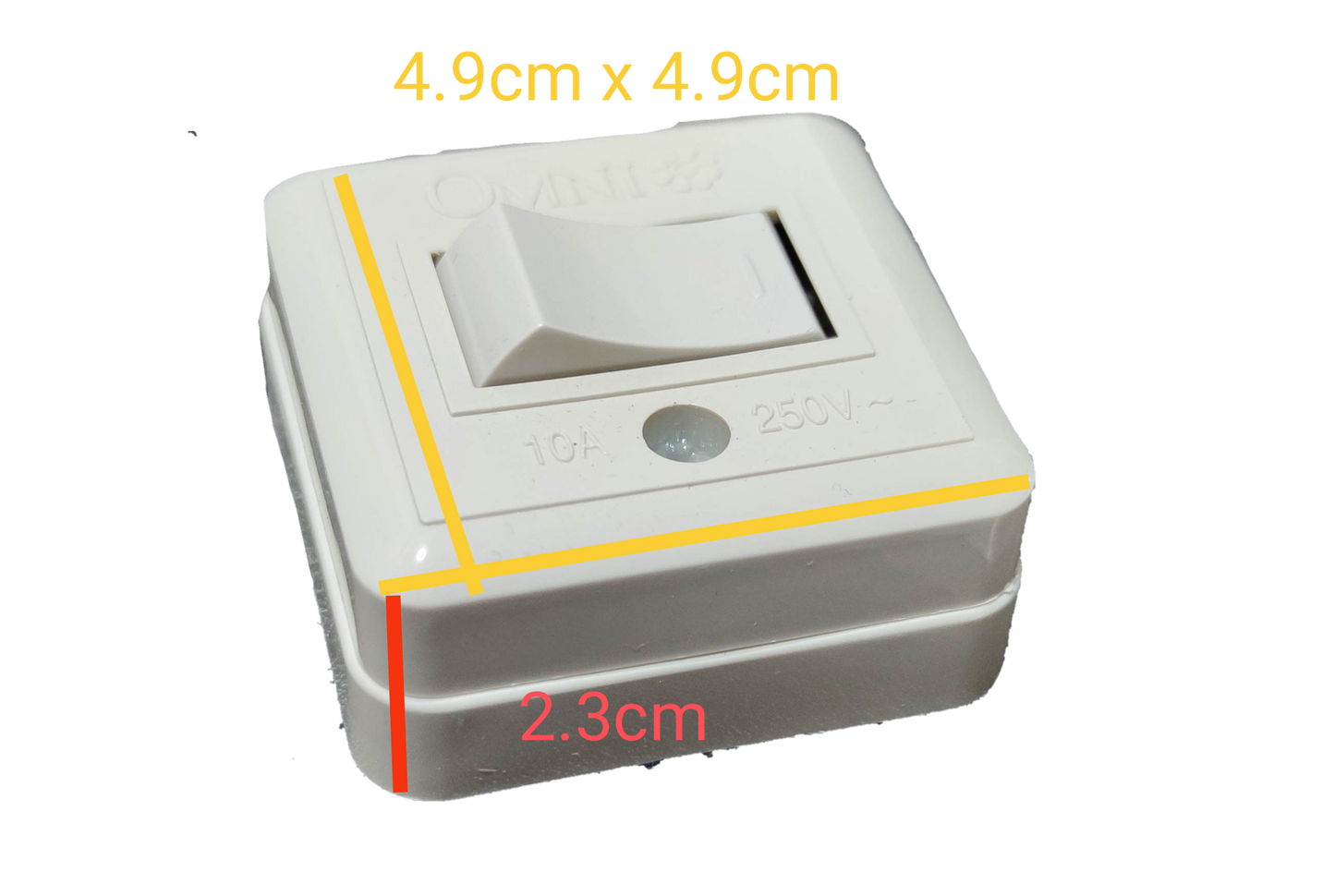 Omni 10A 220V wall light switch in white with a sleek design and compact size for easy installation