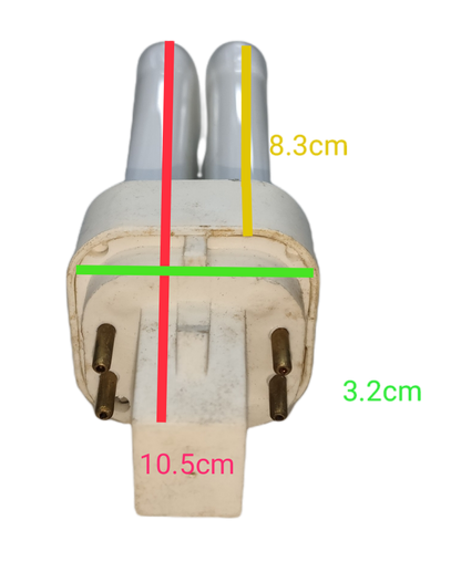 10W 4 pin light PL daylight compact fluorescent bulb with measurements on black background