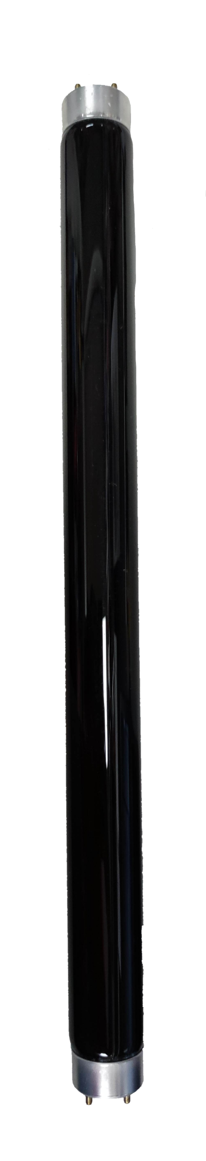 Sankyo Denki 10W Black Light T-8 Fluorescent Tube with silver end caps on black background