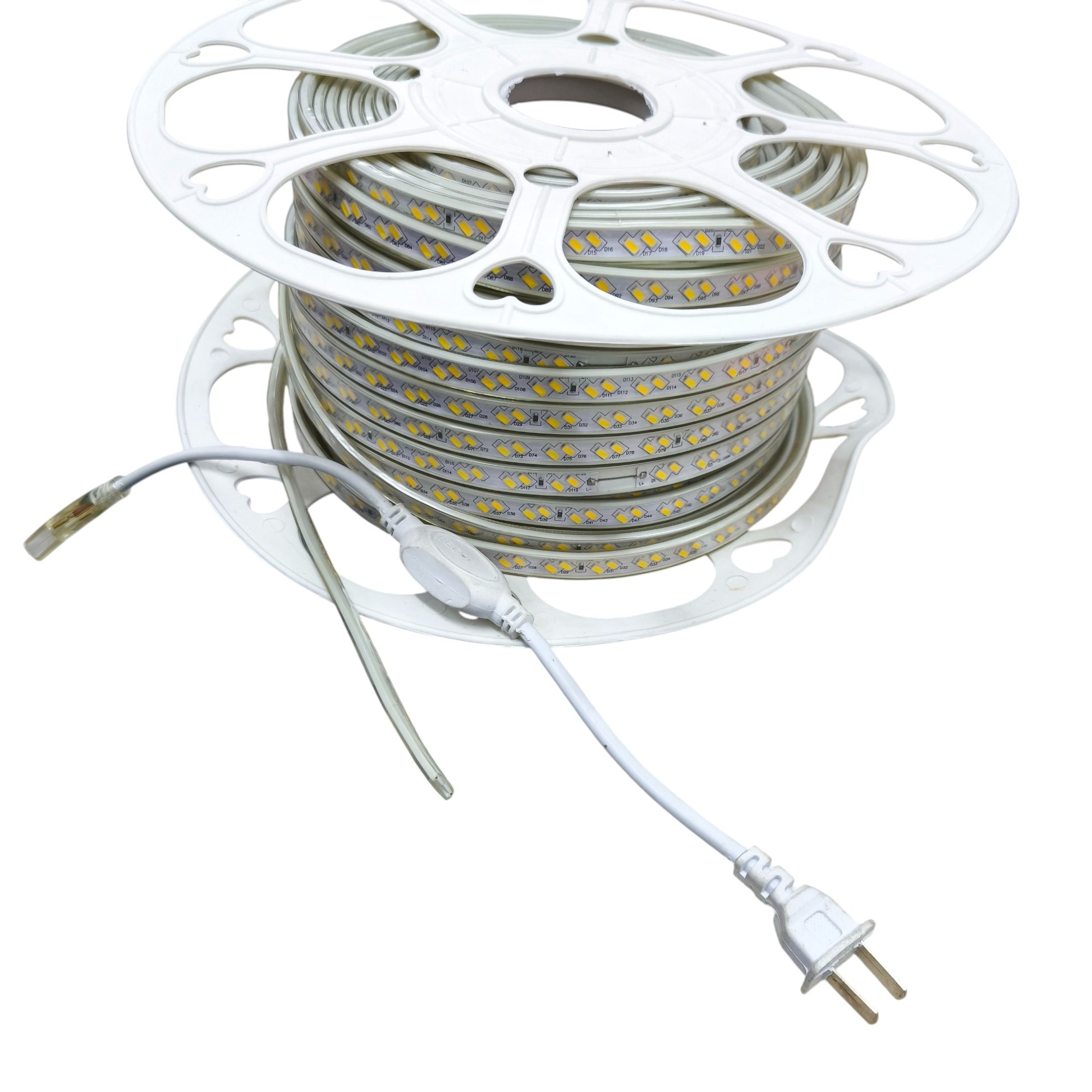 120LED warm white LED strip light 220V Clear Body coiled on white plastic reel with plug and connector