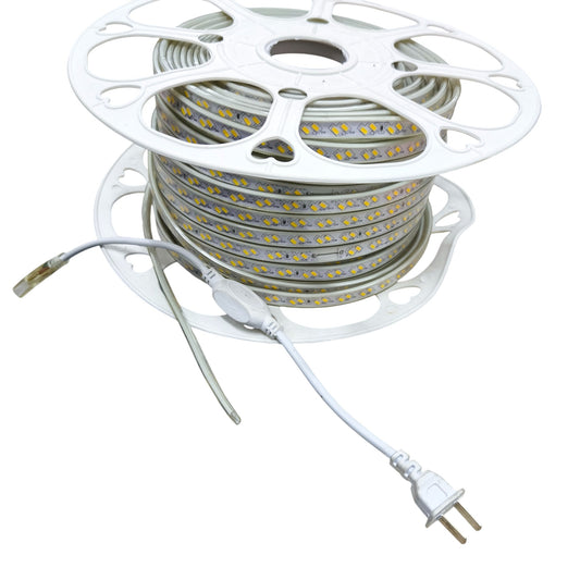 120LED warm white LED strip light 220V Clear Body coiled on white plastic reel with plug and connector