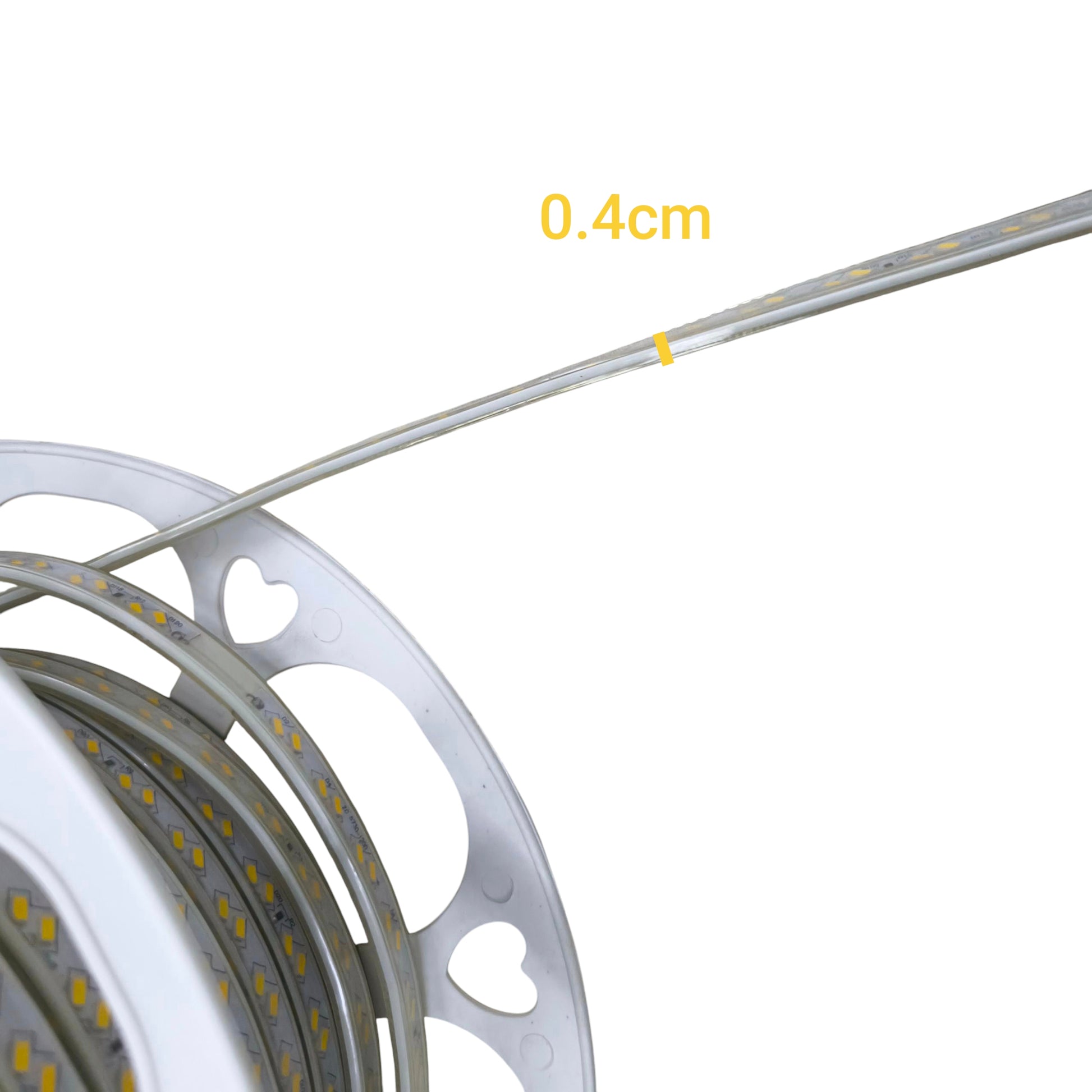 120LED warm white LED strip light 220V Clear Body rolled on a spool showing slim design
