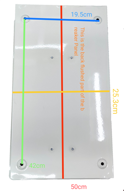 White 125A panel board with breakers back panel part showing holes and measurements