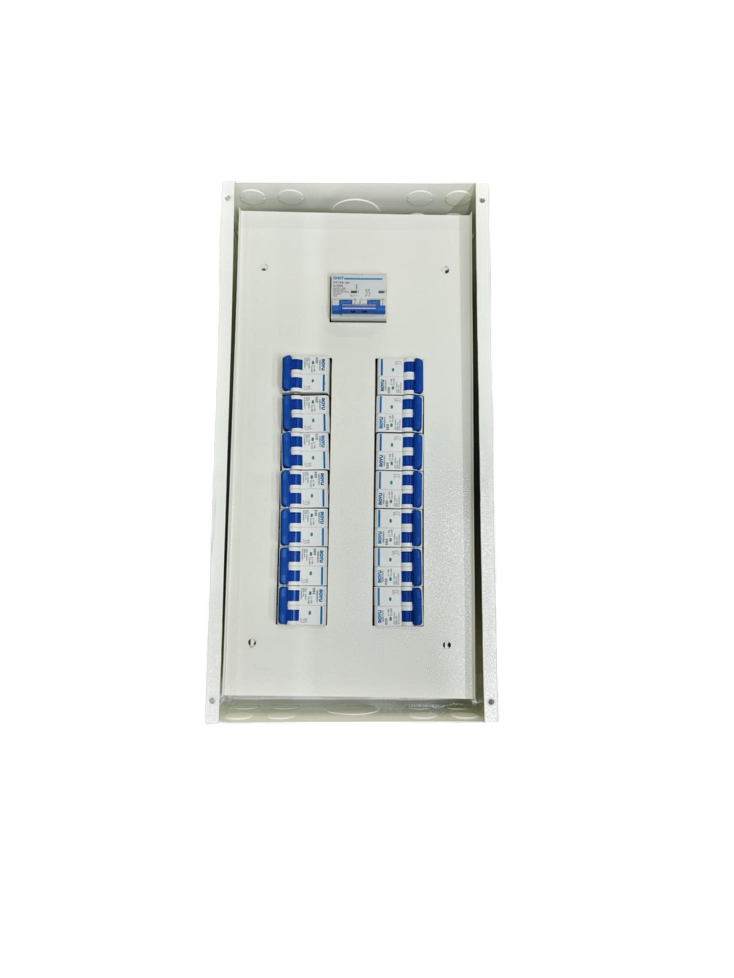 White 125A panel board with breakers featuring multiple circuit breakers in blue and white