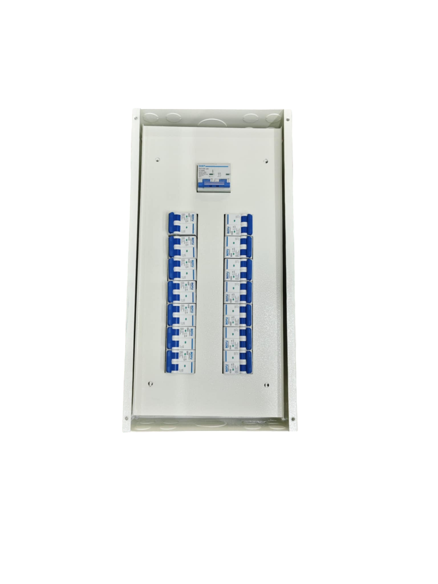 White 125A panel board with breakers featuring multiple circuit breakers in blue and white