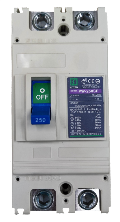 Koten 250A 2P 50KAIC 220V Molded Case Circuit Breaker Single Phase MCCB Industrial Circuit Breaker PW-250SPS250A2P