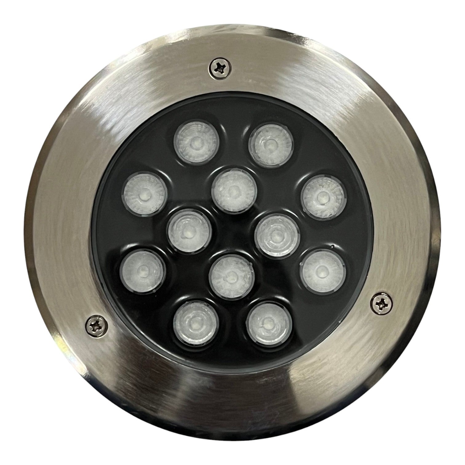 Round metallic outdoor light fixture with multiple LED lights on a white background