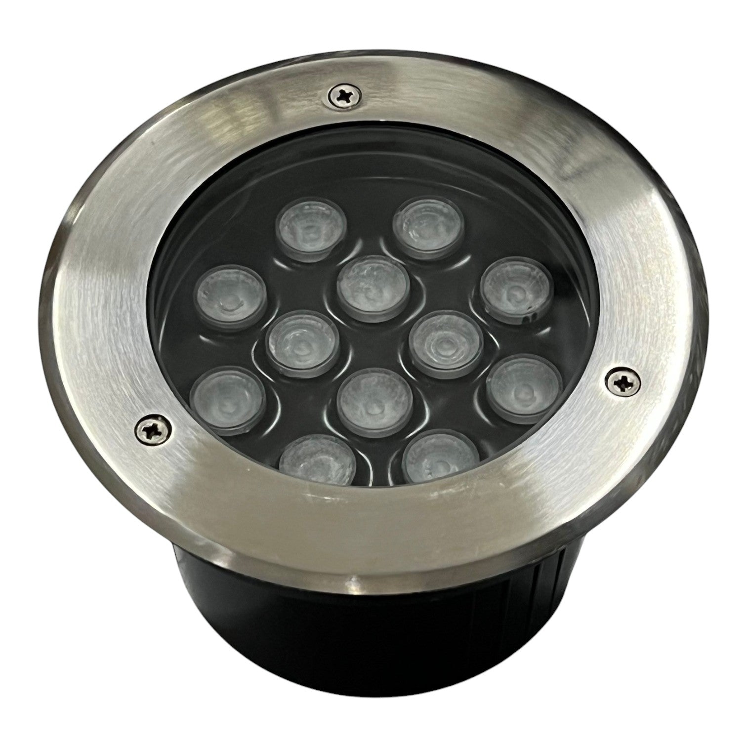 Round outdoor light fixture with metallic rim and black interior on a white background