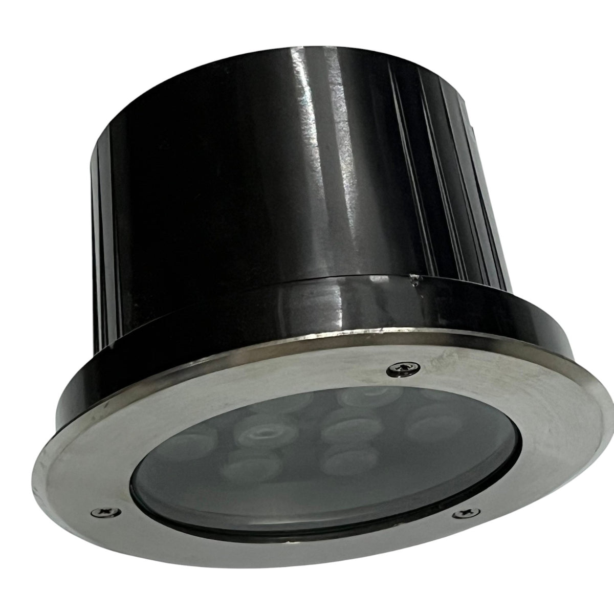 Black and silver cylindrical light fixture on a white background