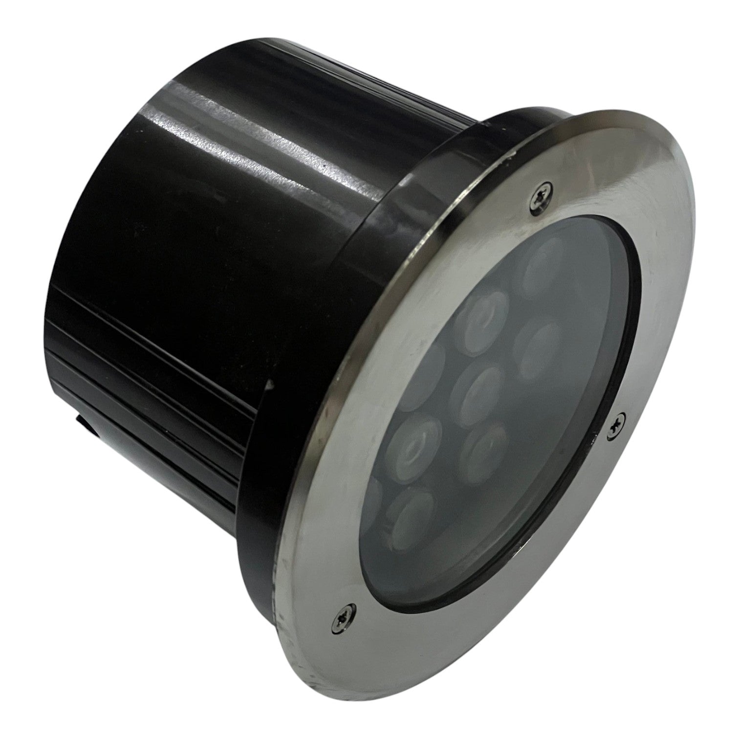 Black and silver outdoor light fixture on a white background