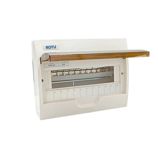 A white ROYU electrical distribution board with its front cover open, showing internal busbars and terminal connectors, set against a plain white background.