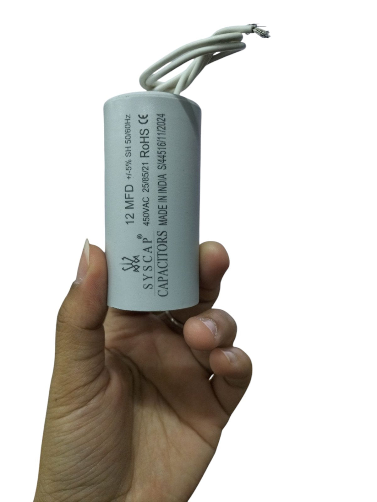 Syscap 12uF 450V motor running capacitor with wires for efficient electric motor performance
