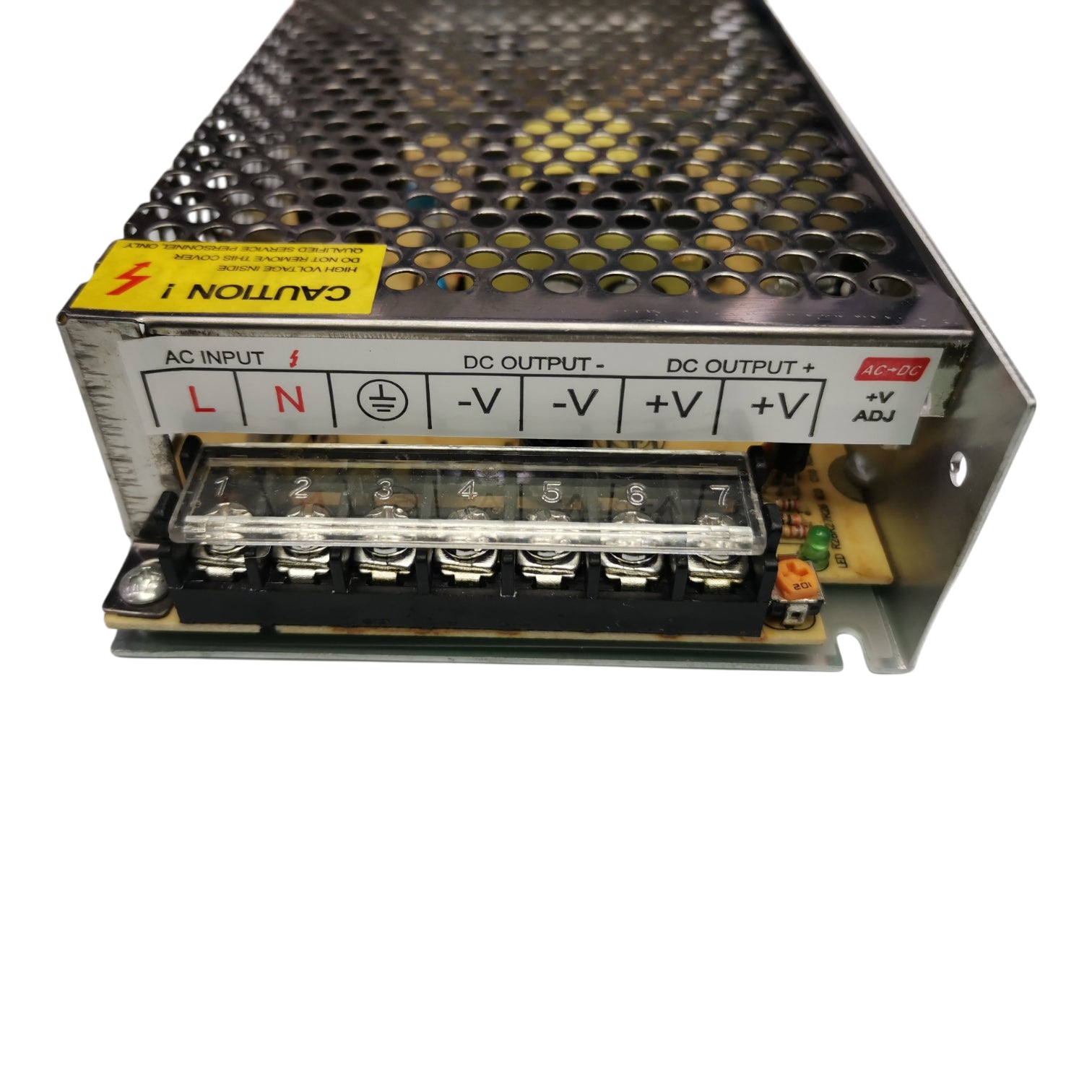 ZwitseRise 12V 5A power supply for CCTV with labeled AC input and DC output terminals