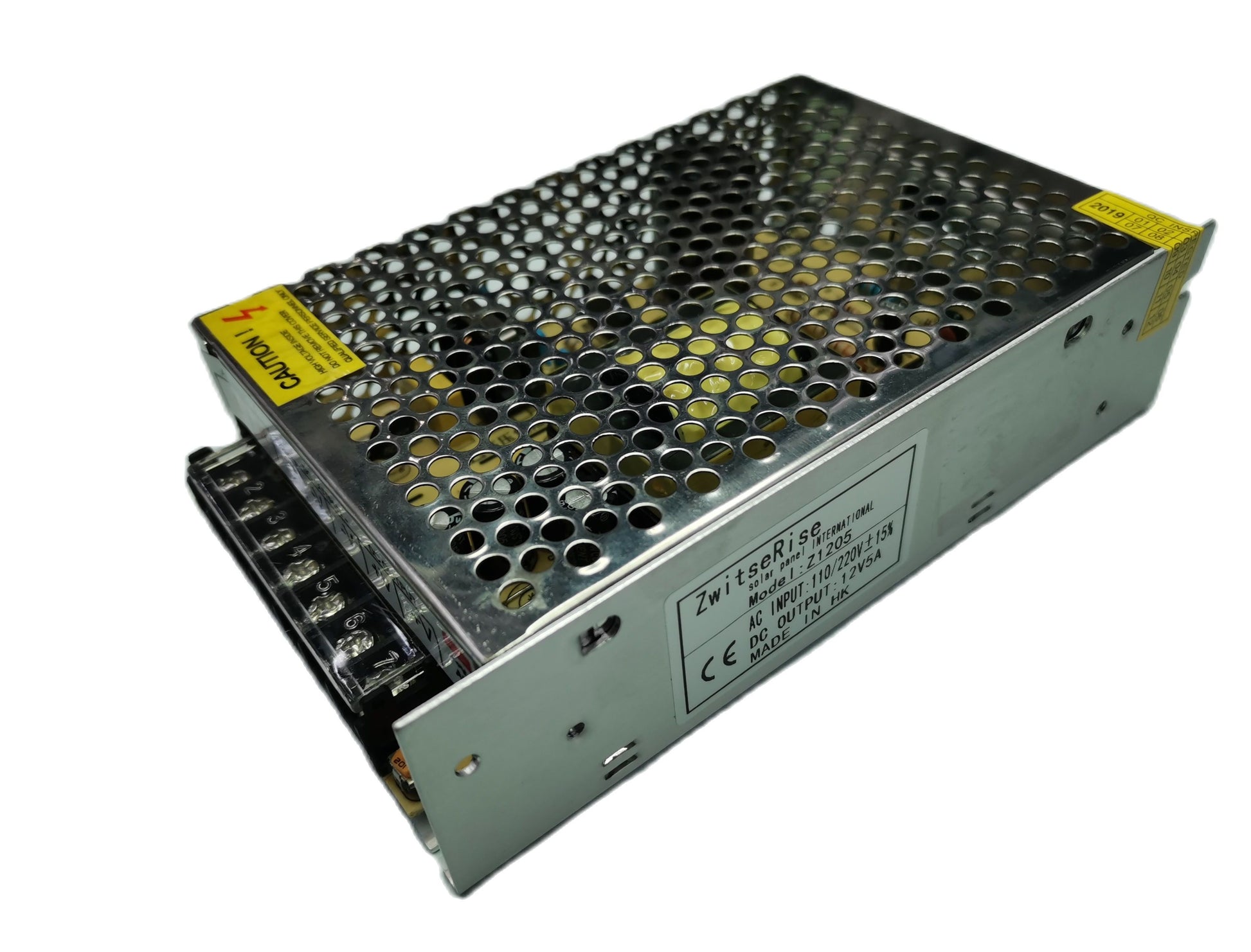 ZwitseRise 12V 5A power supply for CCTV with a durable metallic casing and ventilation holes