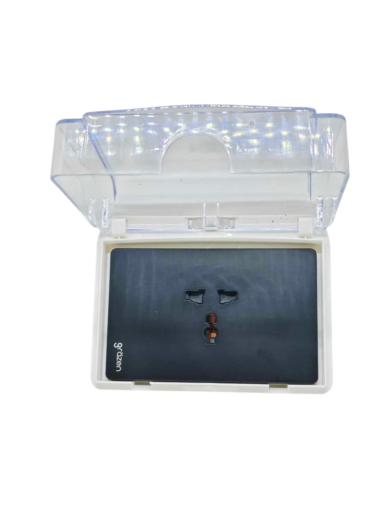 Grazen Weatherproof Cover Transparent with 1 Gang Universal Outlet with Ground 16A 220V WC-019-W+GW-012