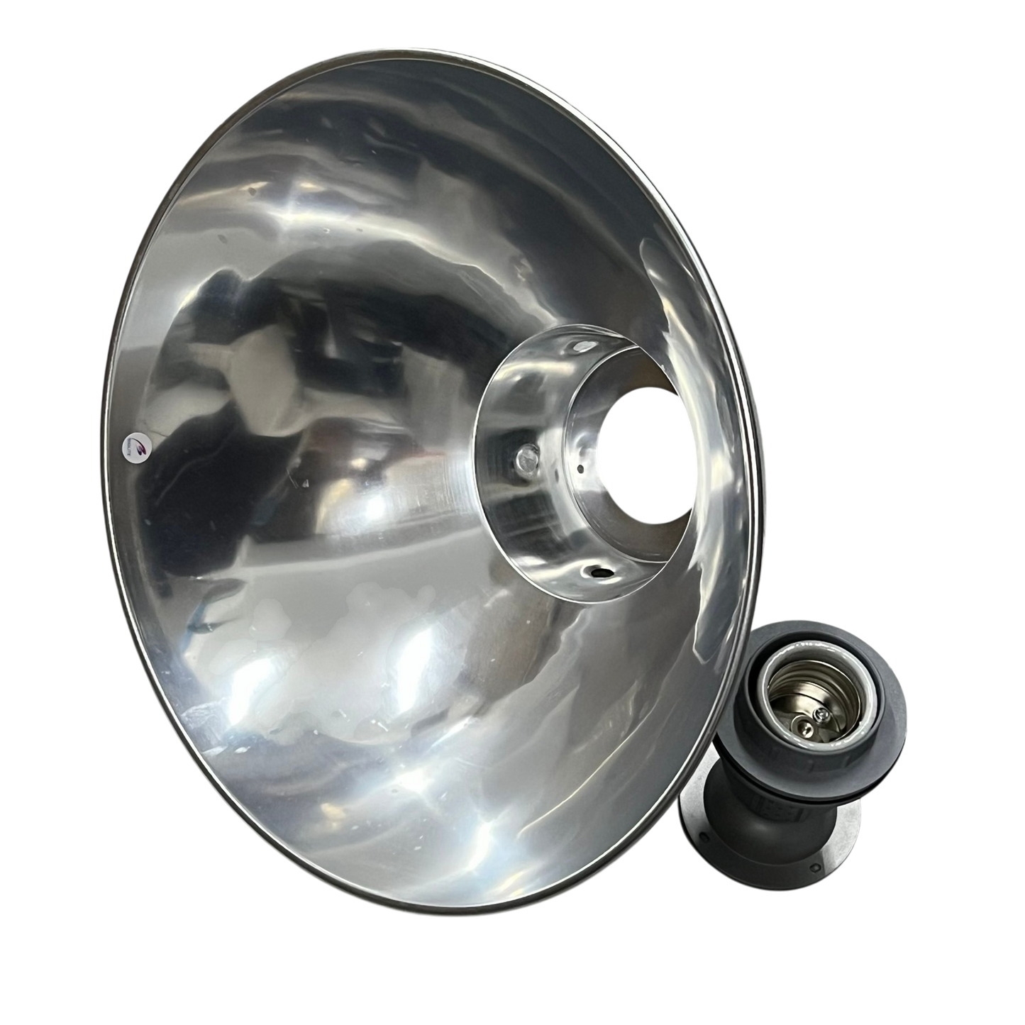 Biglite & Omni 14 inch aluminum reflector for lightning protection with a reflective metal surface and bulb socket