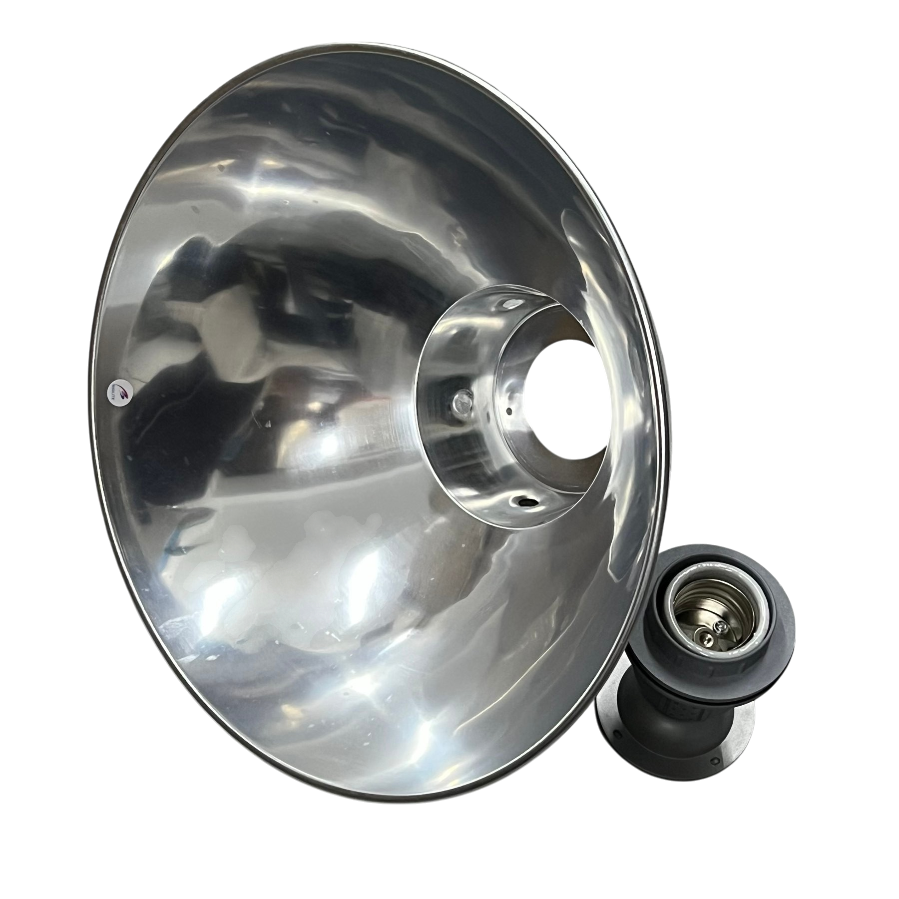 Biglite & Omni 14 inch aluminum reflector for lightning protection with a reflective metal surface and bulb socket