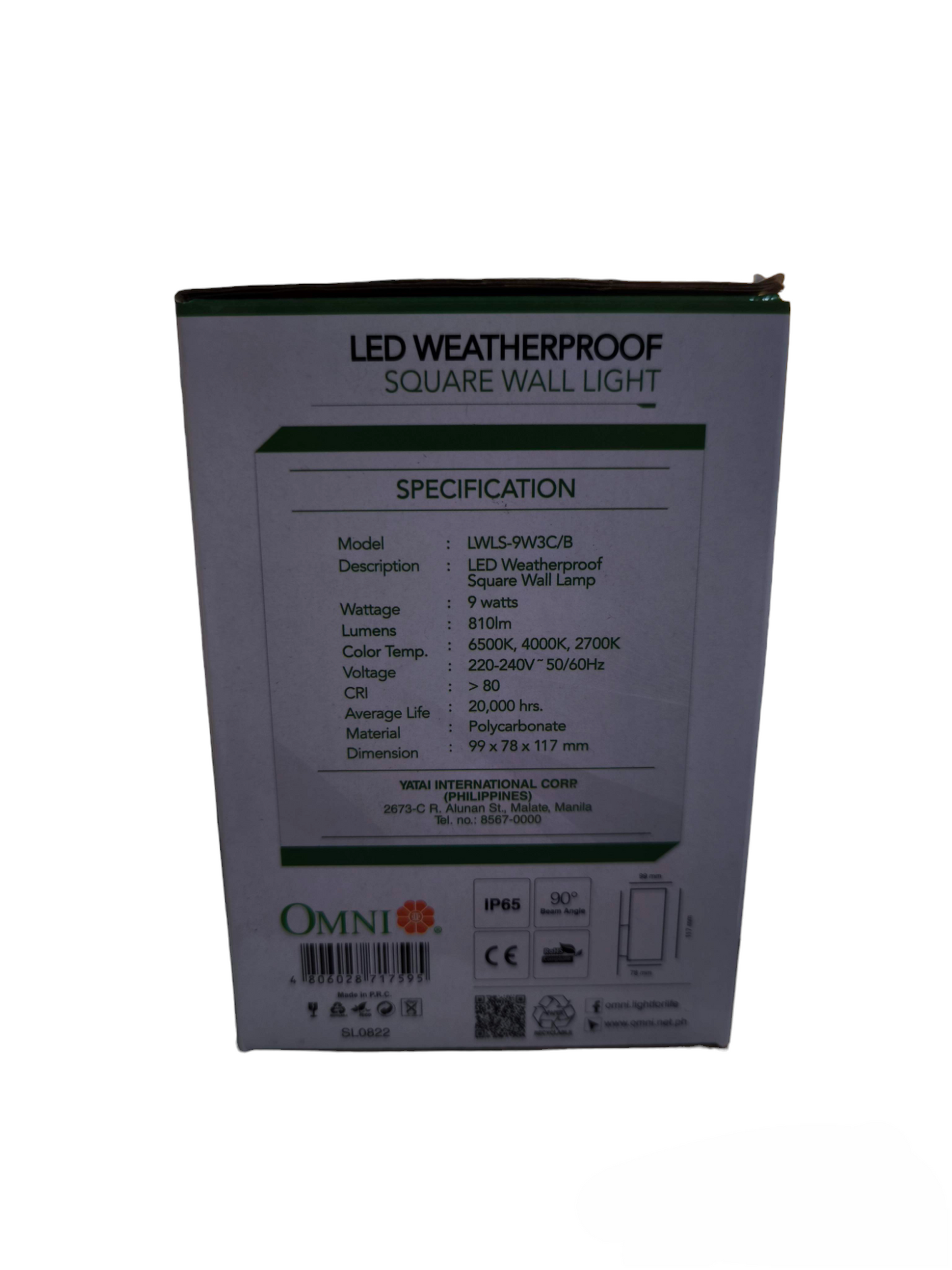 Omni LED Square Wall Light 220V Cool White 4000K LWLS-9W3C/B