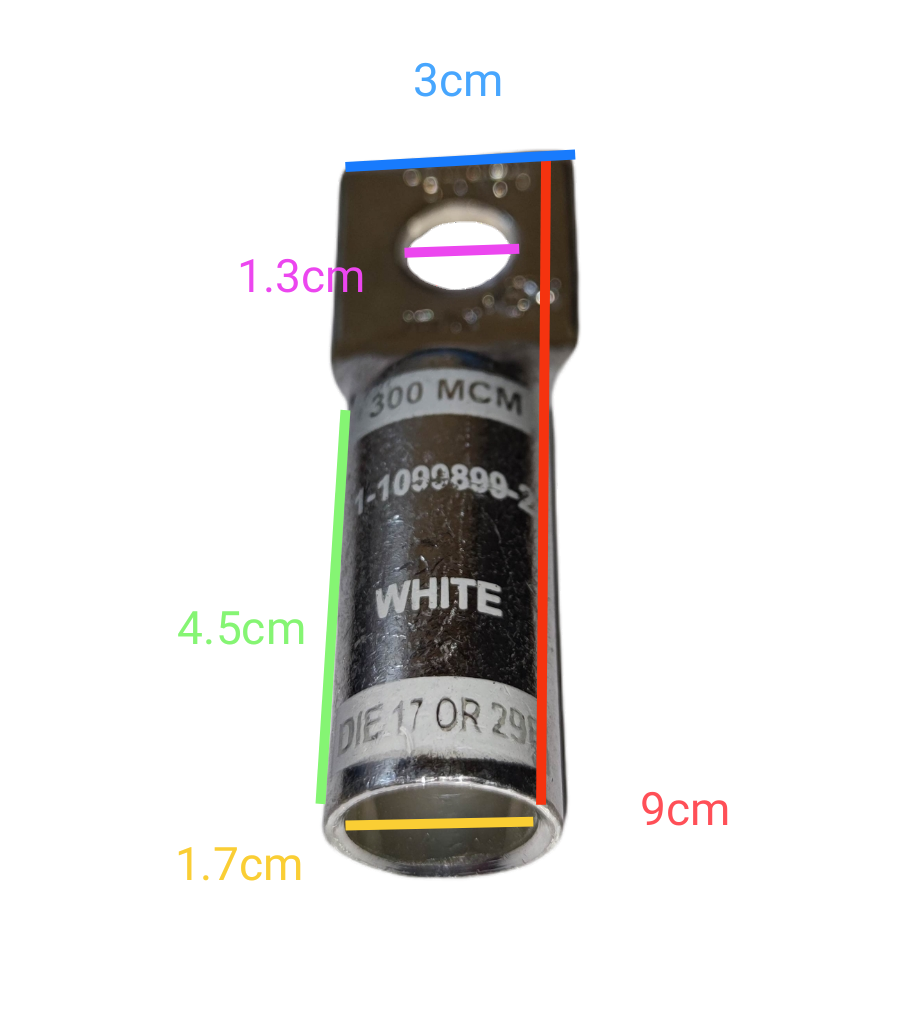 Utilux 150mm Wire Size 1-1099899-2 Terminal Lugs electrical connector with measurements on black background